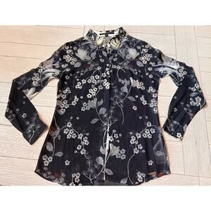 Guess poly button down embellished collar semi sheer floral print boho shirt. S